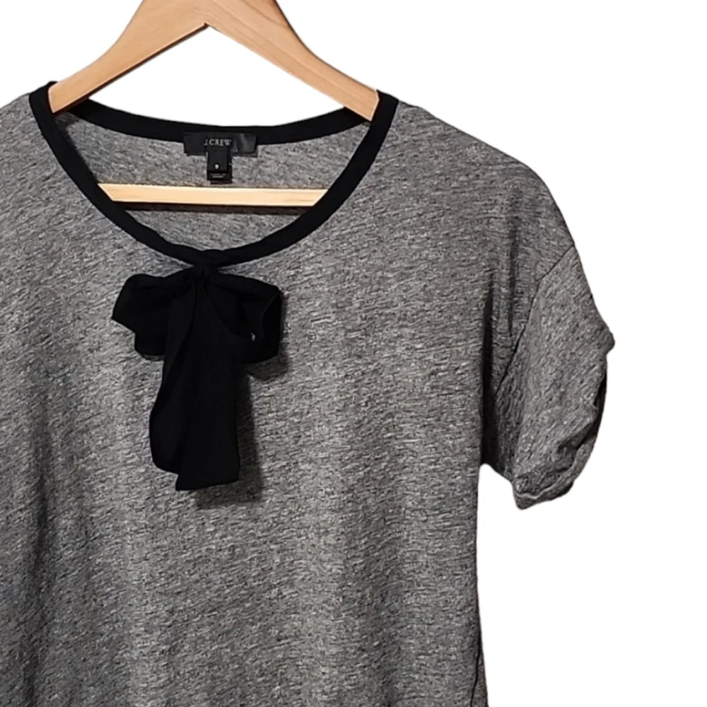 J CREW Gray Tee S Black Bow Applique Silk Trim Heather Grey Top Holiday 2014